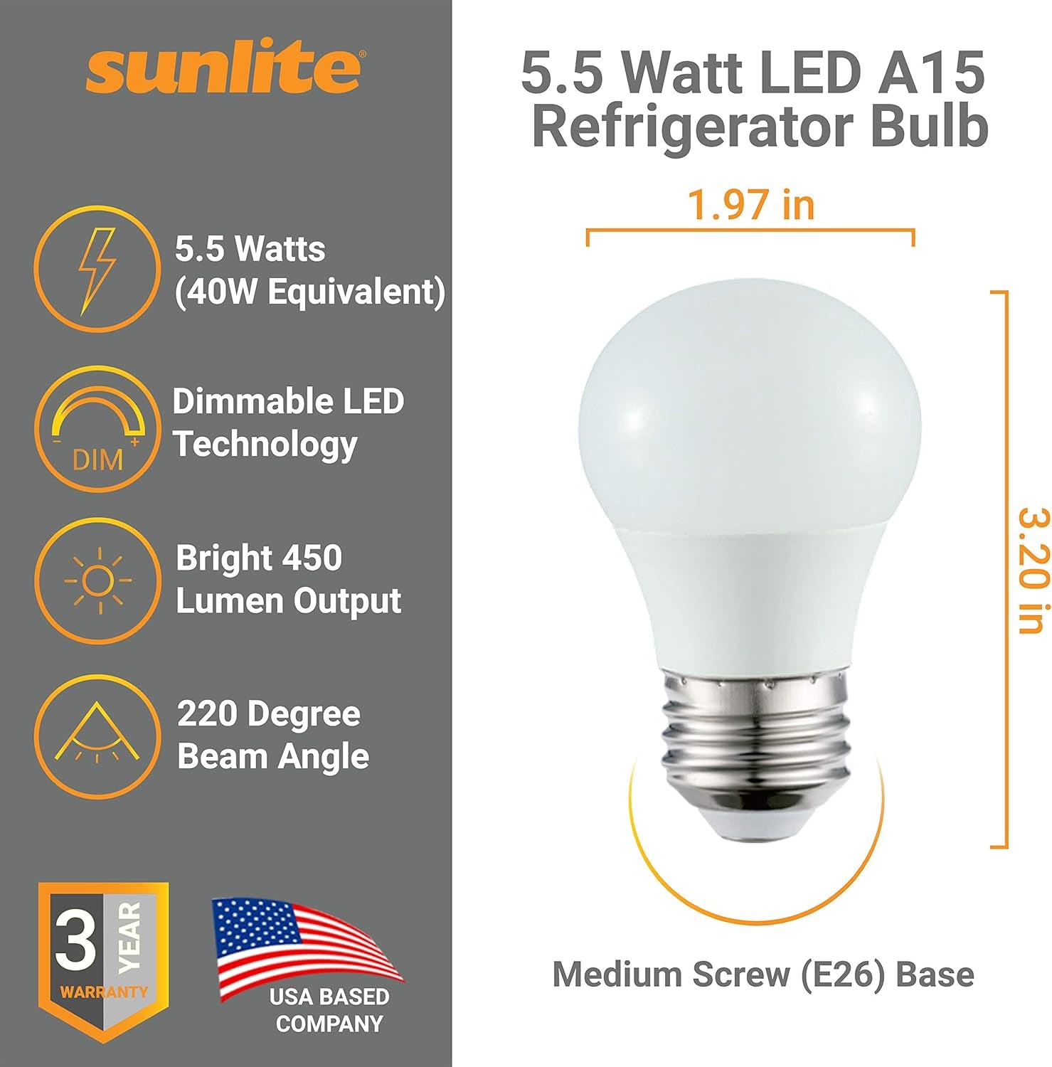 41564-SU LED A15 Refrigerator Light Bulb, 5.5 Watts (40W Equivalent), 450 Lumens, Medium Base (E26), Dimmable, Frosted Finish, UL Listed, Energy Star, 27K - Warm White, 6 Pack