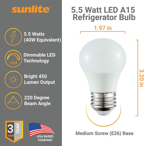 41564-SU LED A15 Refrigerator Light Bulb, 5.5 Watts (40W Equivalent), 450 Lumens, Medium Base (E26), Dimmable, Frosted Finish, UL Listed, Energy Star, 27K - Warm White, 6 Pack