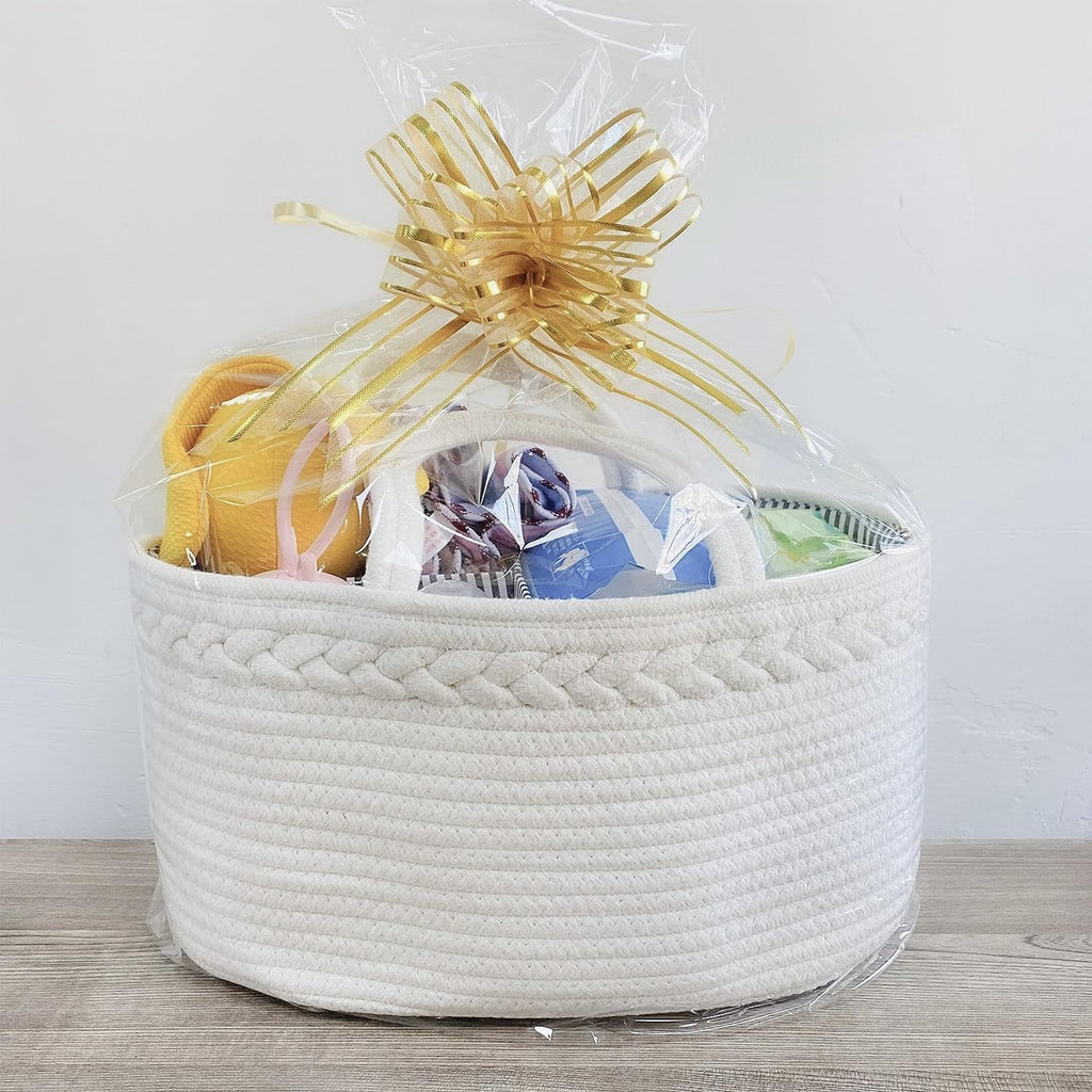 Baby Diaper Caddy Organizer, Boho Rope Nursery Storage Baby Basket Bin Gift Bags for Boys Girls, Portable Caddy Organizer for Changing Table Car, Ideal Gift Baby Shower Basket (White)